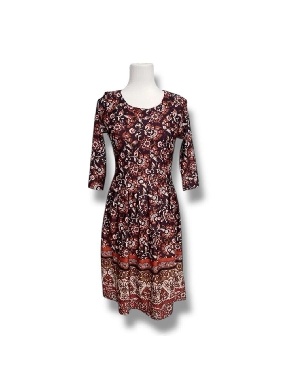 Shelby & Palmer Burgundy Floral Fit & Flare Midi Dress 3/4 Sleeve Women’s Small - Picture 2 of 9